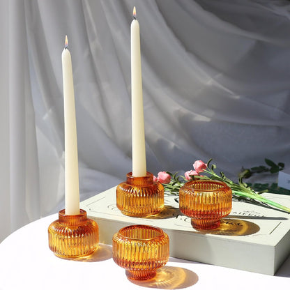 Pack of 12 - Taper Candle Holders for Christmas Decorations, Reversible Ribbed Glass Candlestick Holders