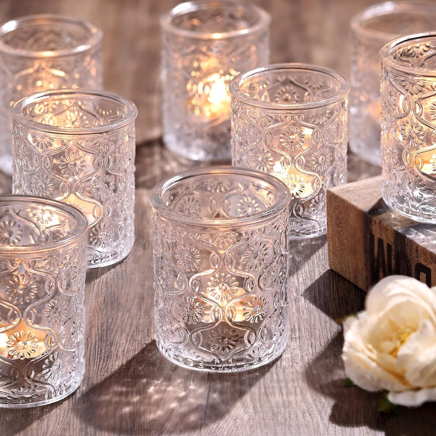 Pack of 24 - Embossed Glass Tealight Candle Votive Candle Holders Bulk