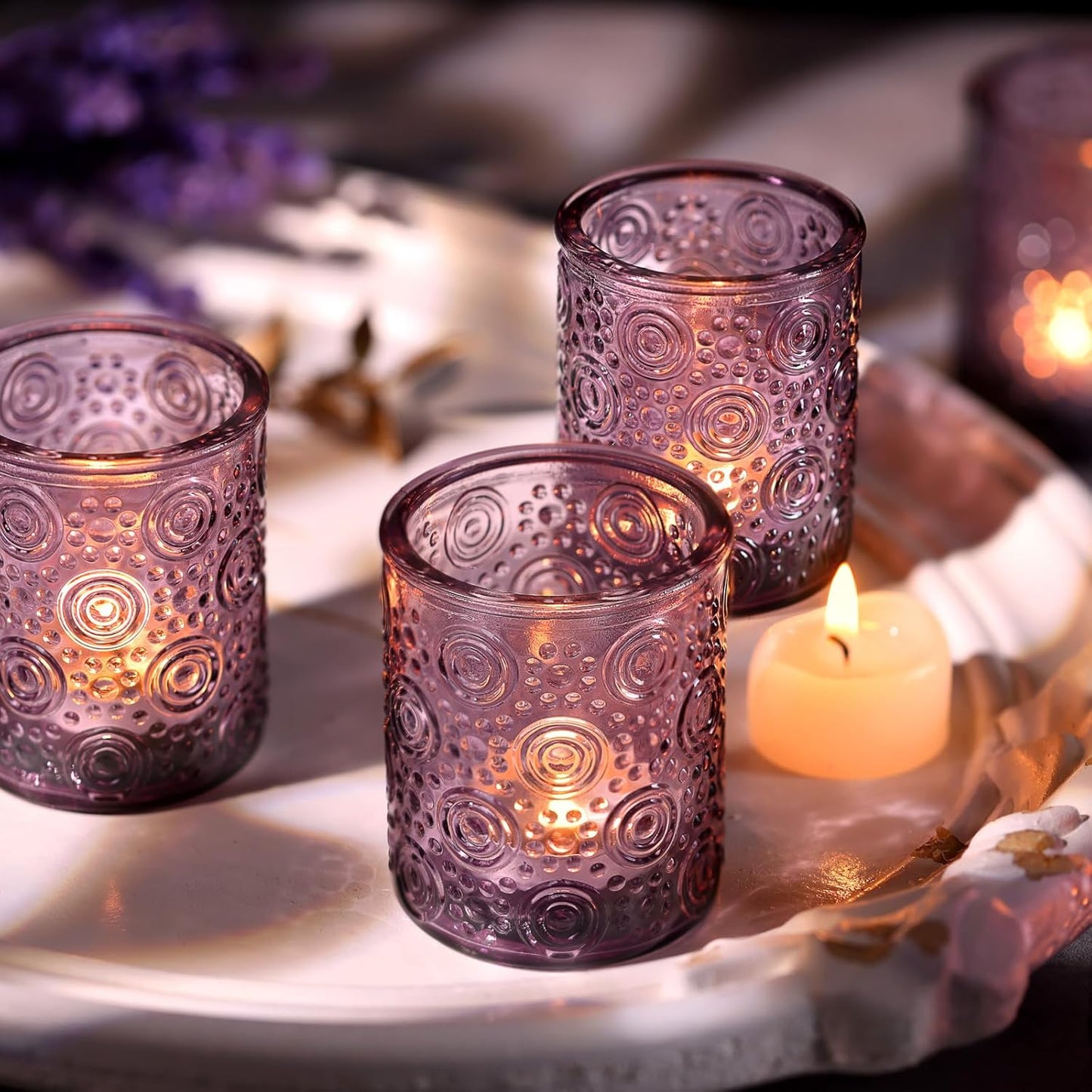 Pack of 24 - Embossed Glass Tealight Candle Votive Candle Holders Bulk