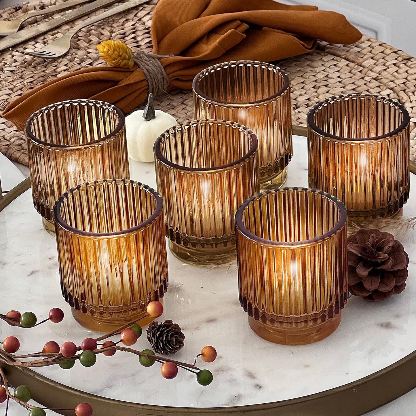 Pack of 12 - Ribbed Glass Tealight Votive Candle Holders