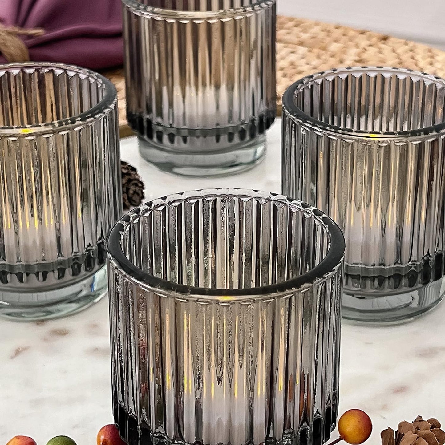 Pack of 12 - Ribbed Glass Tealight Votive Candle Holders