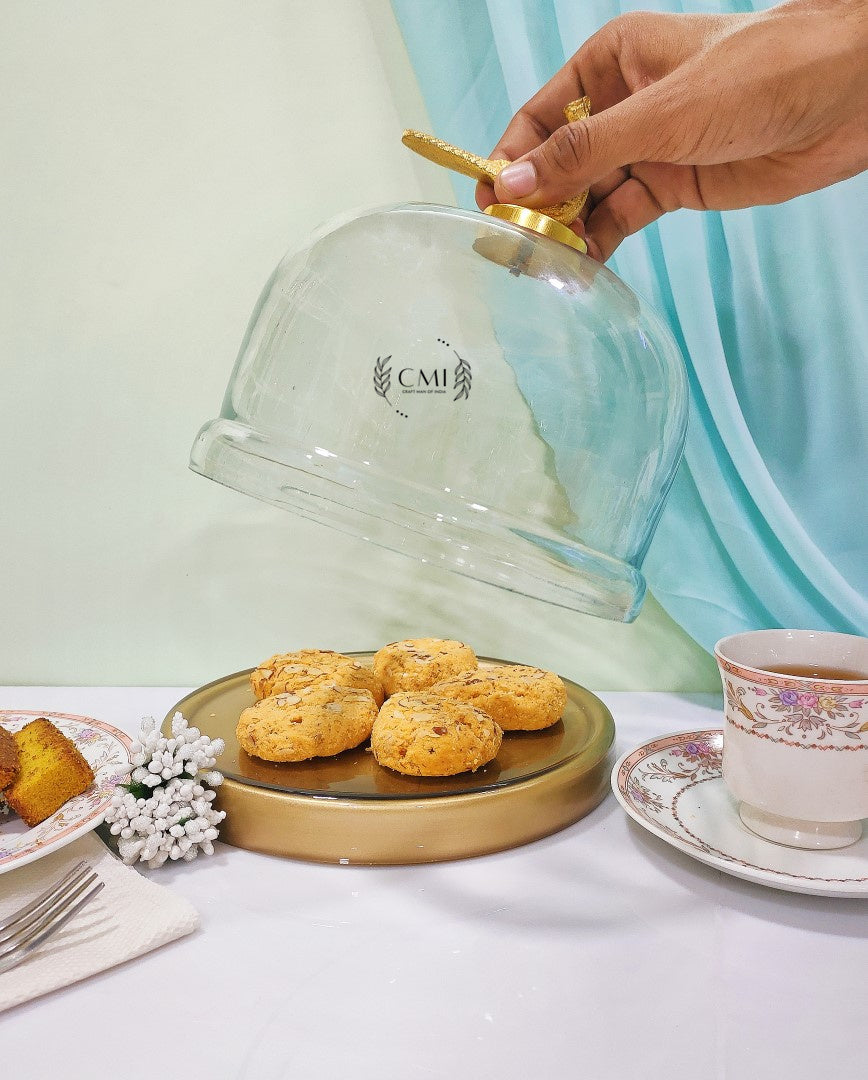 Glass Cake Dome With Glass Base & Metal Peacock Knob