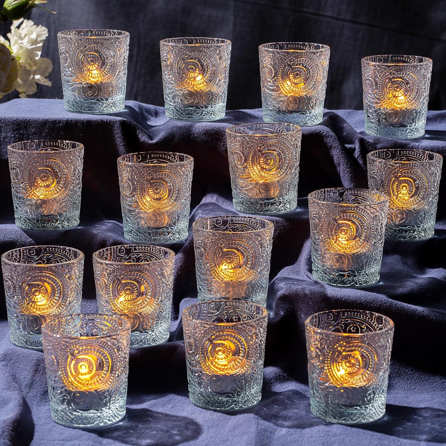 Pack of 24 - Embossed Glass Tea Light Candle Holders - Votive Candle Holders for Wedding, Party, Home Decor, and Table Centerpieces