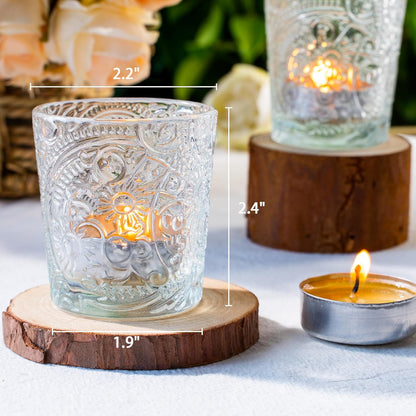 Pack of 24 - Embossed Glass Tea Light Candle Holders - Votive Candle Holders for Wedding, Party, Home Decor, and Table Centerpieces