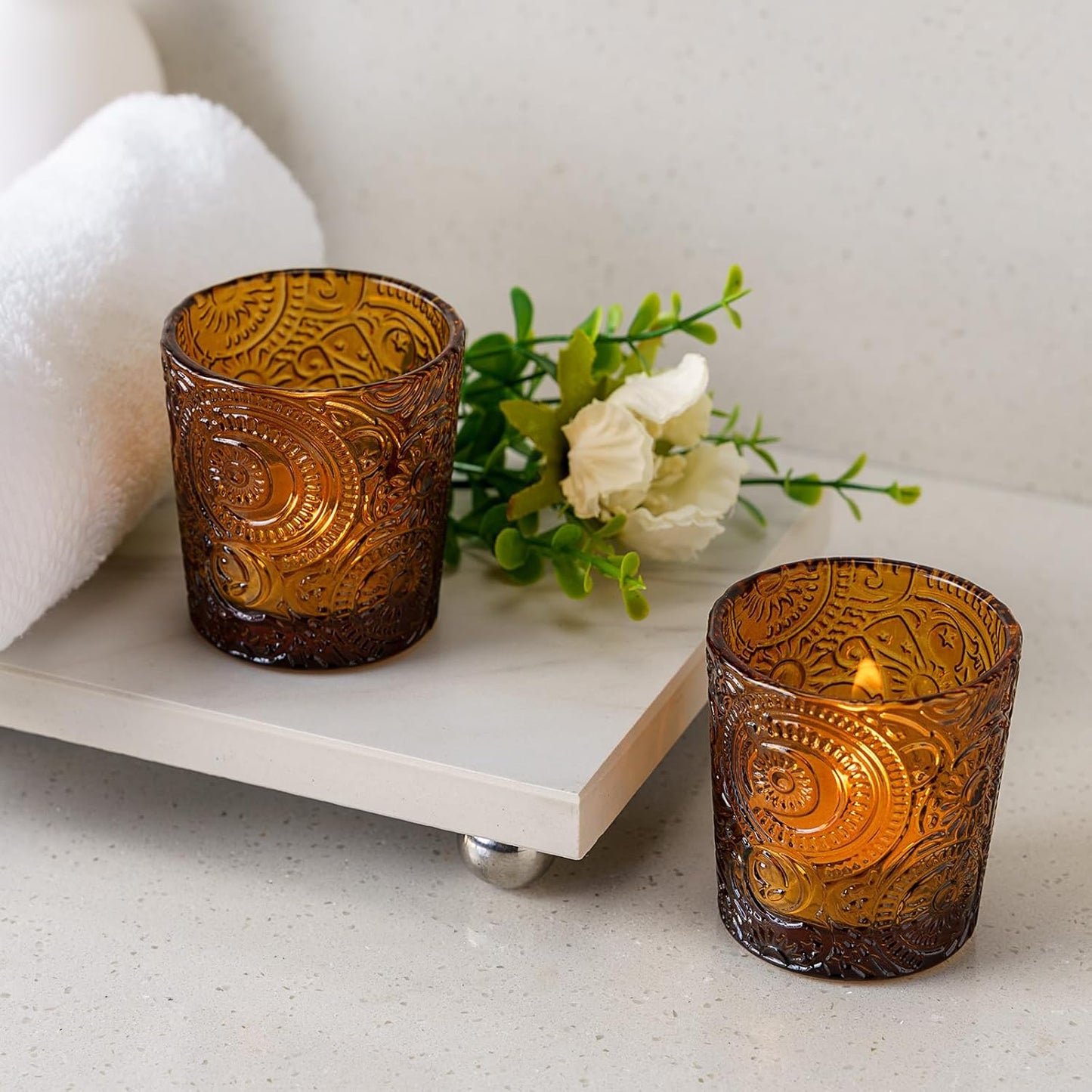 Pack of 24 - Embossed Glass Tea Light Candle Holders - Votive Candle Holders for Wedding, Party, Home Decor, and Table Centerpieces