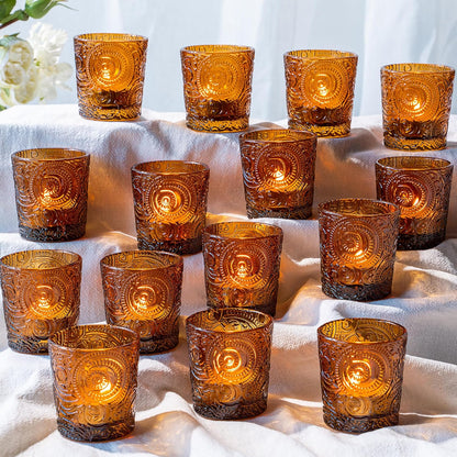 Pack of 24 - Embossed Glass Tea Light Candle Holders - Votive Candle Holders for Wedding, Party, Home Decor, and Table Centerpieces