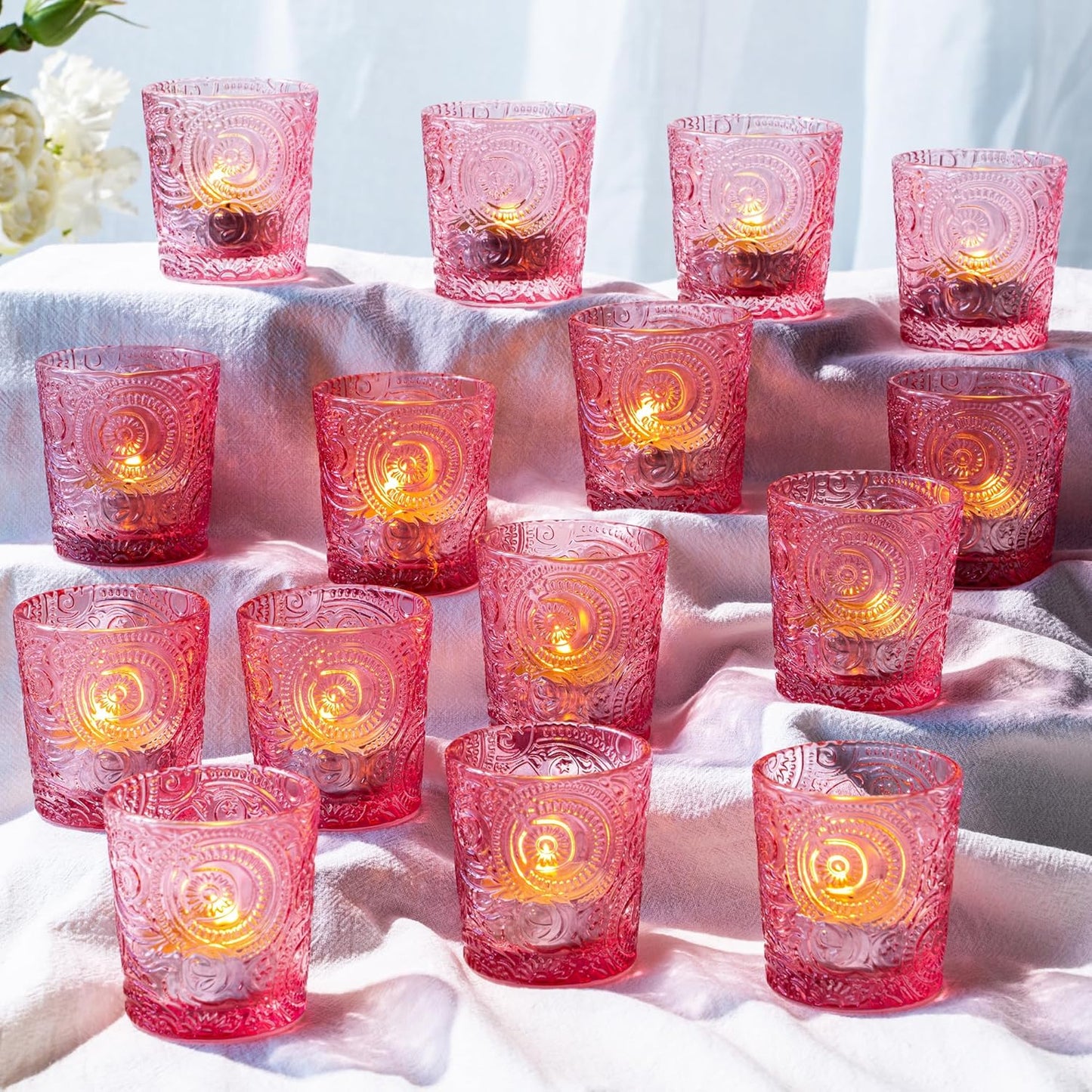 Pack of 24 - Embossed Glass Tea Light Candle Holders - Votive Candle Holders for Wedding, Party, Home Decor, and Table Centerpieces