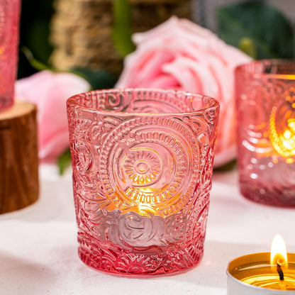 Pack of 24 - Embossed Glass Tea Light Candle Holders - Votive Candle Holders for Wedding, Party, Home Decor, and Table Centerpieces