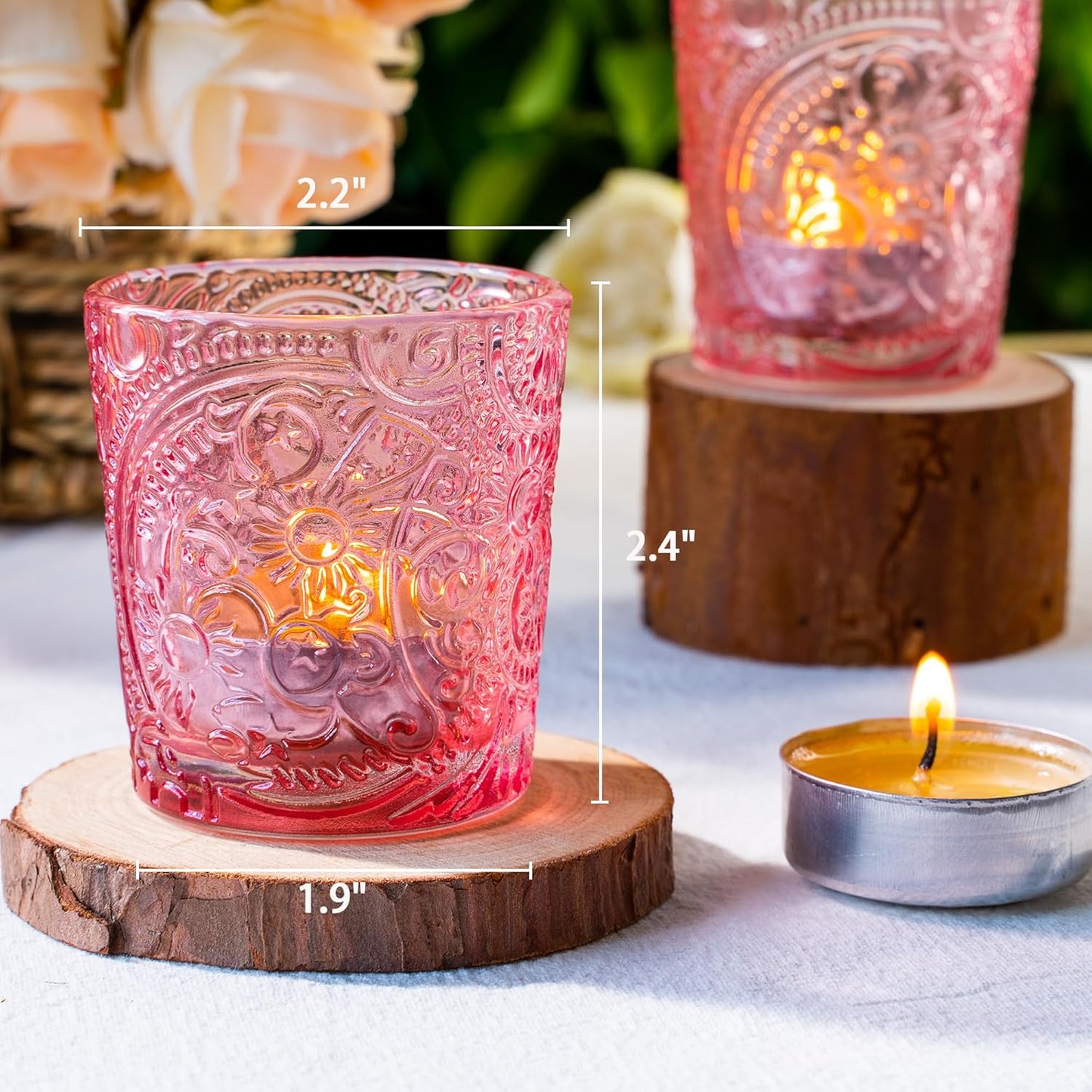 Pack of 24 - Embossed Glass Tea Light Candle Holders - Votive Candle Holders for Wedding, Party, Home Decor, and Table Centerpieces