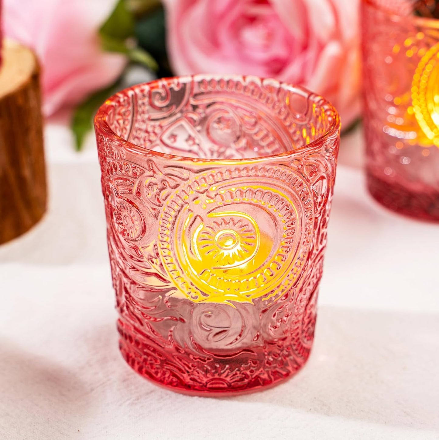 Pack of 24 - Embossed Glass Tea Light Candle Holders - Votive Candle Holders for Wedding, Party, Home Decor, and Table Centerpieces