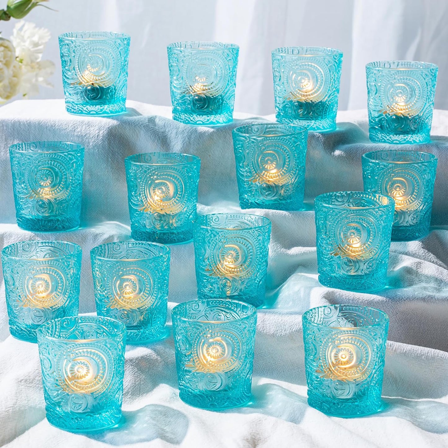 Pack of 24 - Embossed Glass Tea Light Candle Holders - Votive Candle Holders for Wedding, Party, Home Decor, and Table Centerpieces