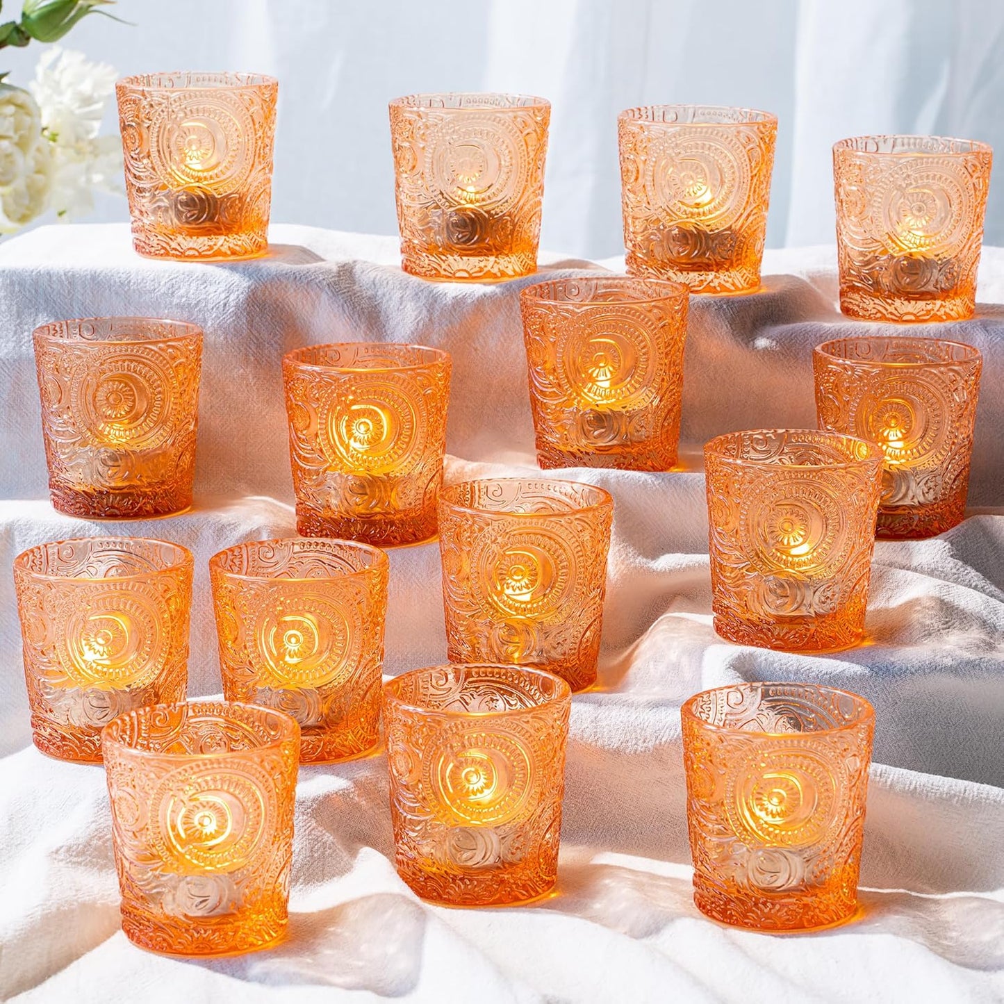 Pack of 24 - Embossed Glass Tea Light Candle Holders - Votive Candle Holders for Wedding, Party, Home Decor, and Table Centerpieces