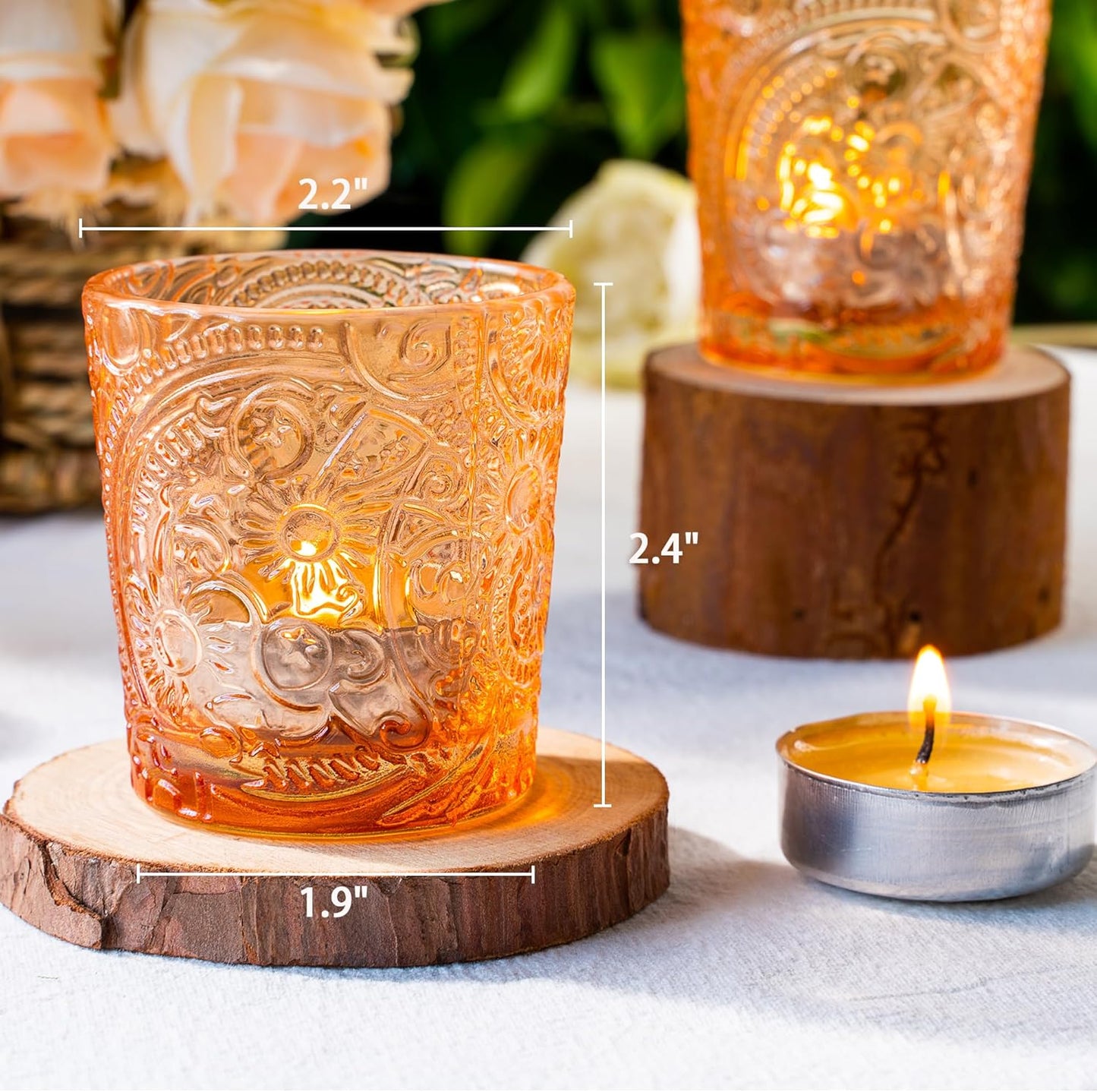 Pack of 24 - Embossed Glass Tea Light Candle Holders - Votive Candle Holders for Wedding, Party, Home Decor, and Table Centerpieces