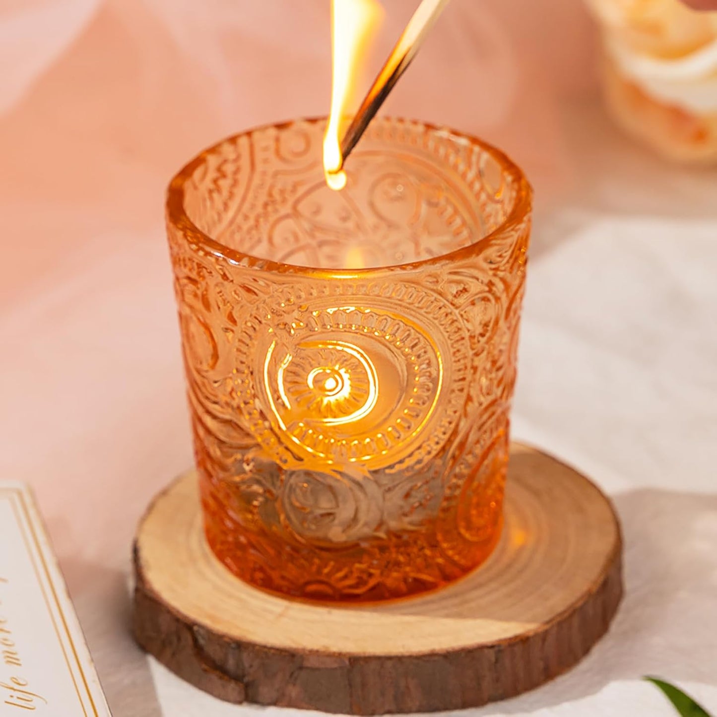 Pack of 24 - Embossed Glass Tea Light Candle Holders - Votive Candle Holders for Wedding, Party, Home Decor, and Table Centerpieces