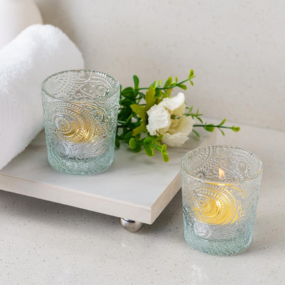 Pack of 24 - Embossed Glass Tea Light Candle Holders - Votive Candle Holders for Wedding, Party, Home Decor, and Table Centerpieces