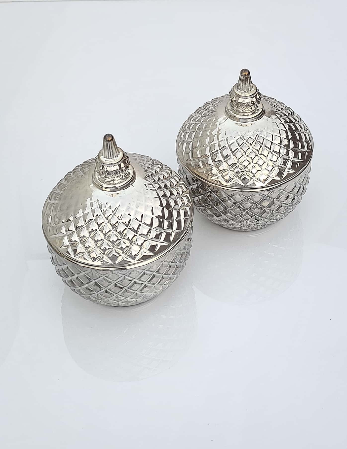 Diamond Round Candy Jar Silver Finish Set of 2