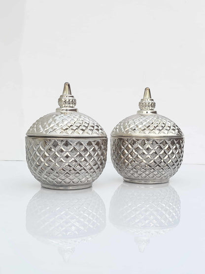 Diamond Round Candy Jar Silver Finish Set of 2