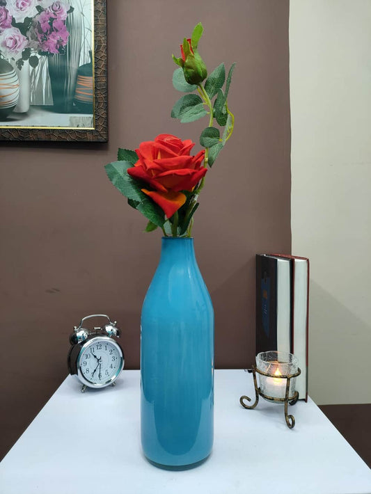 Bottle Glass Vase Colored Baby Blue & Red