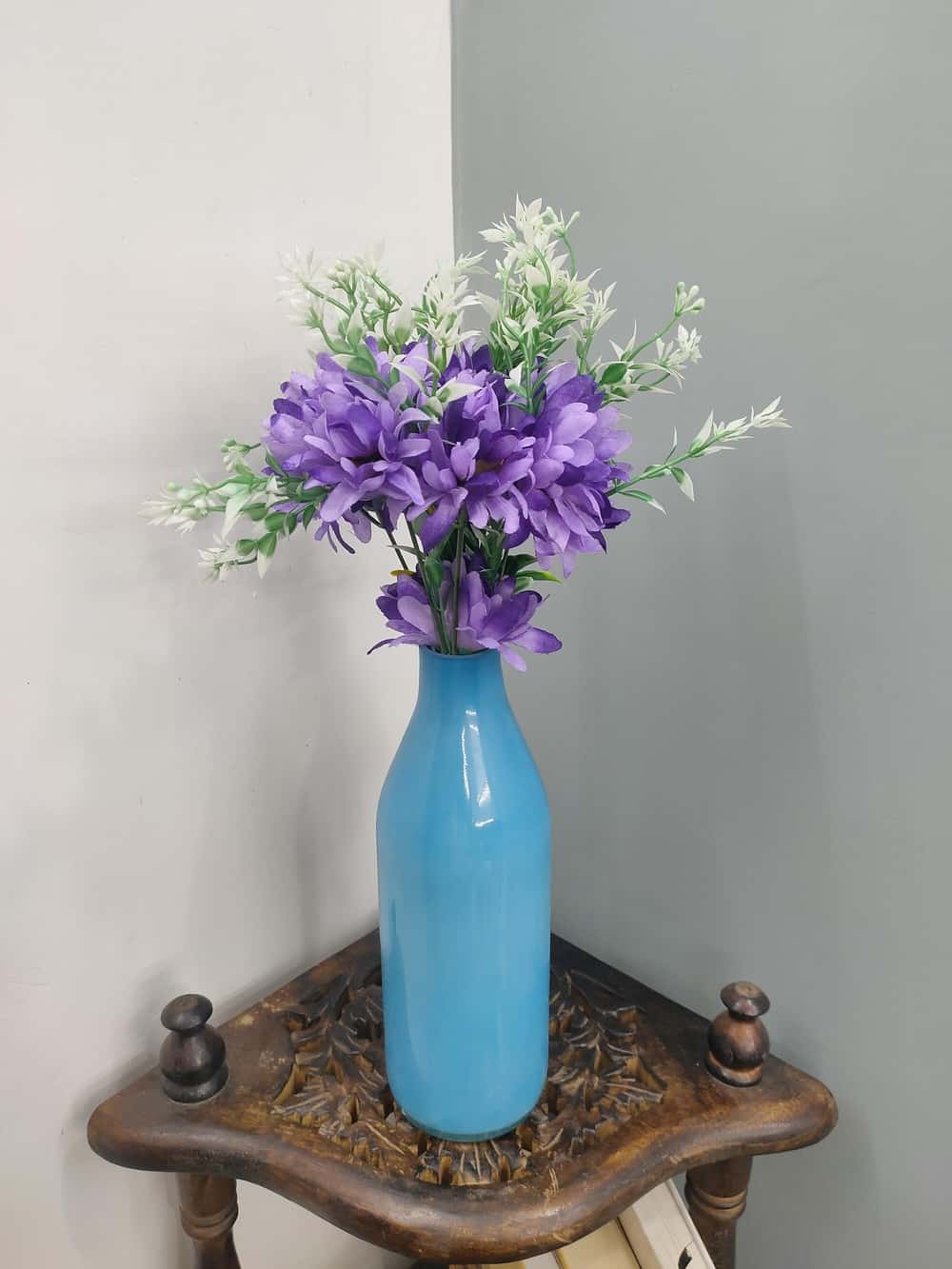 Bottle Glass Vase Colored Baby Blue & Red