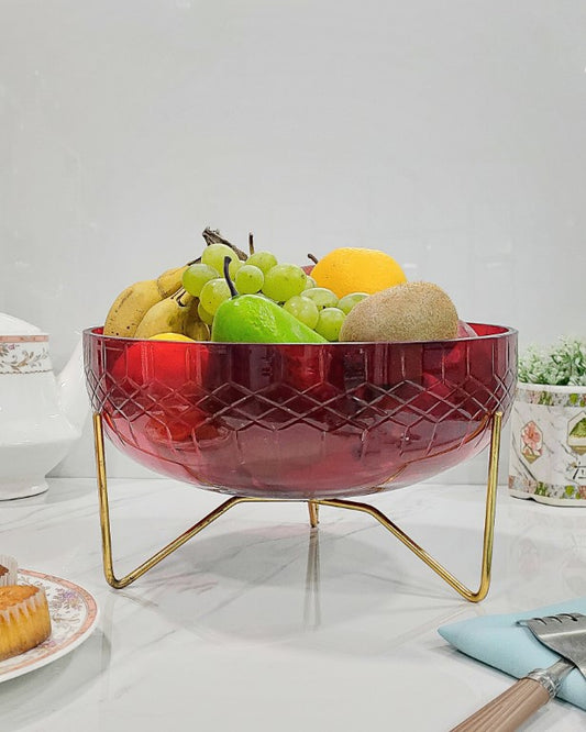 Red Glass Bowl With Metal Stand 10 Inch