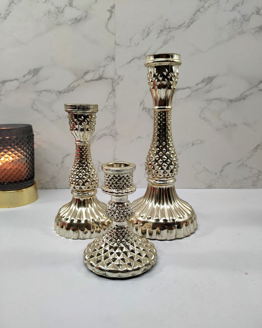 Silver Diamond Glass Pillar Candle Holder Set