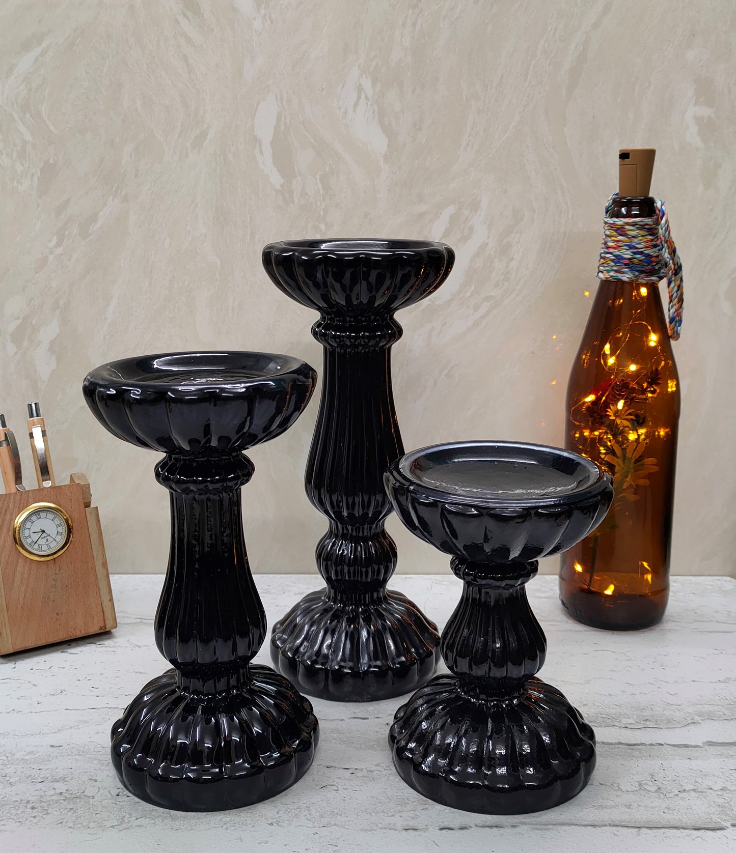 Pillar Candle Holder Black Set of 3 - Craft Man of India