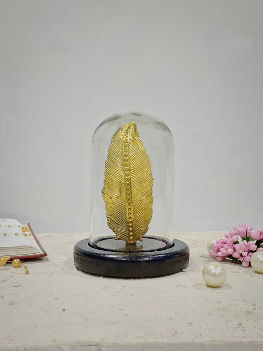 Glass Dome Cloche With Base and Golden Leaf 3 x 4.5 Inch