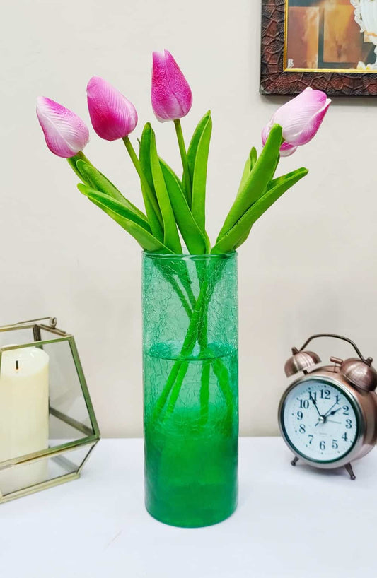 Green Crack Cylinder Glass Vases Set of 2 ( 8 inch )