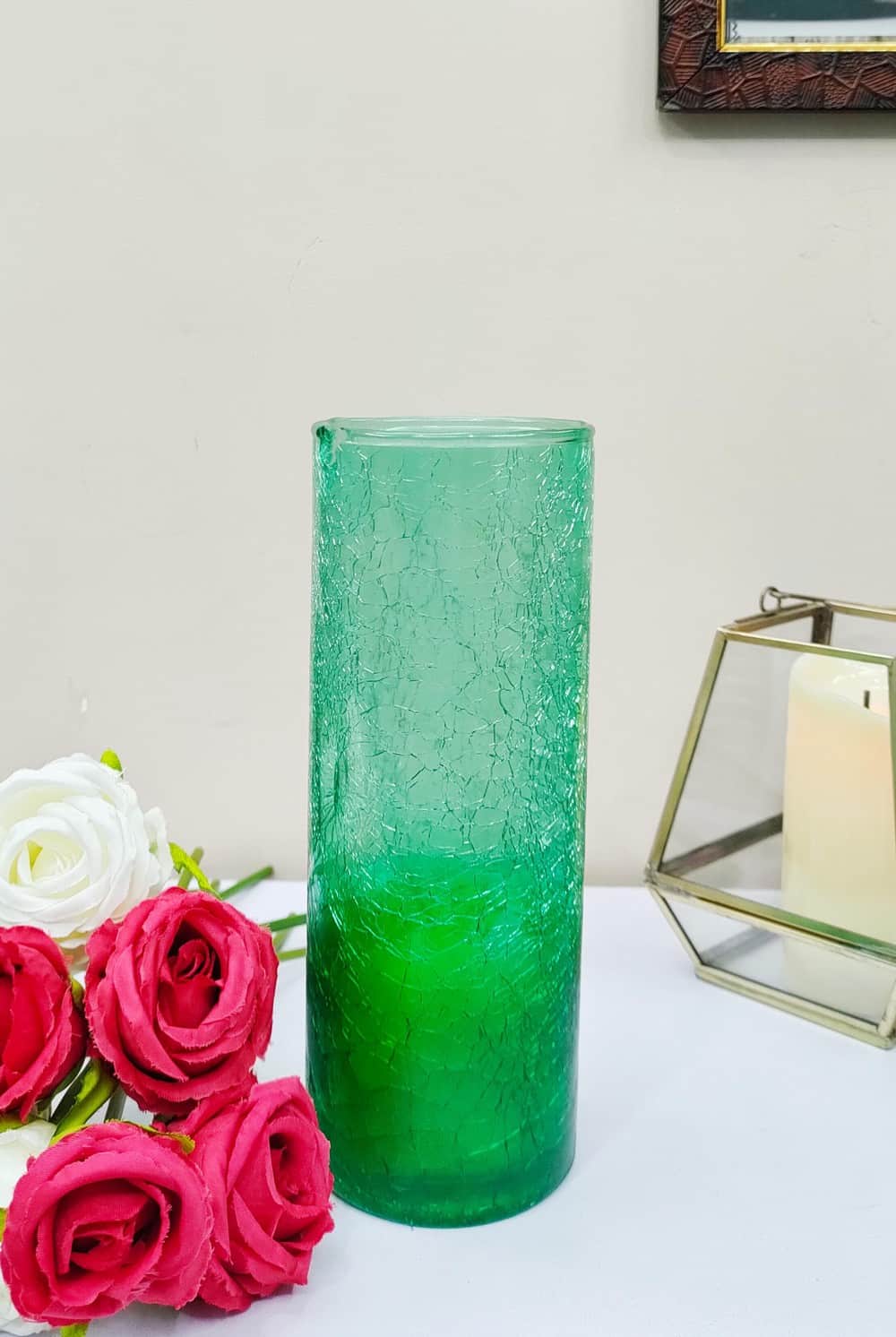 Green Crack Cylinder Glass Vases Set of 2 ( 8 inch )