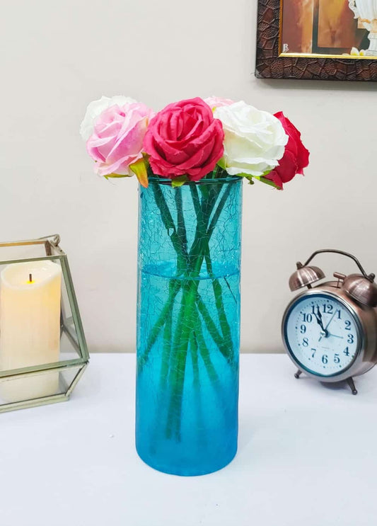 Turquoised Crack Cylinder Glass Vases Set of 2 ( 8 inch )