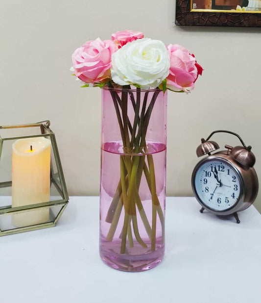 Pink Plain Cylinder Glass Vases Set of 2 ( 8 inch )