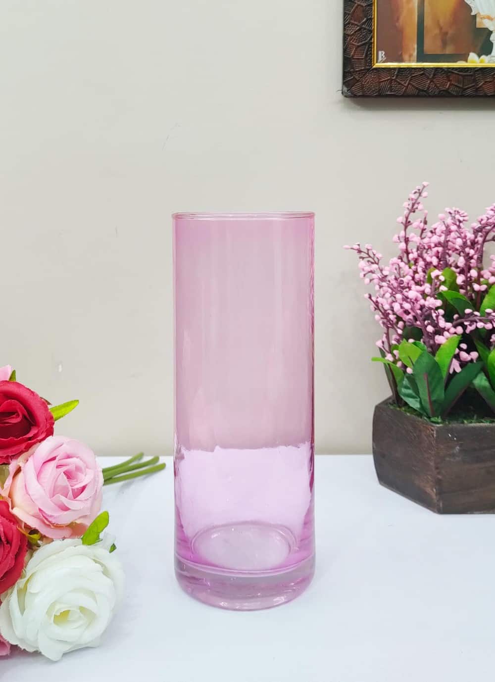 Pink Plain Cylinder Glass Vases Set of 2 ( 8 inch )