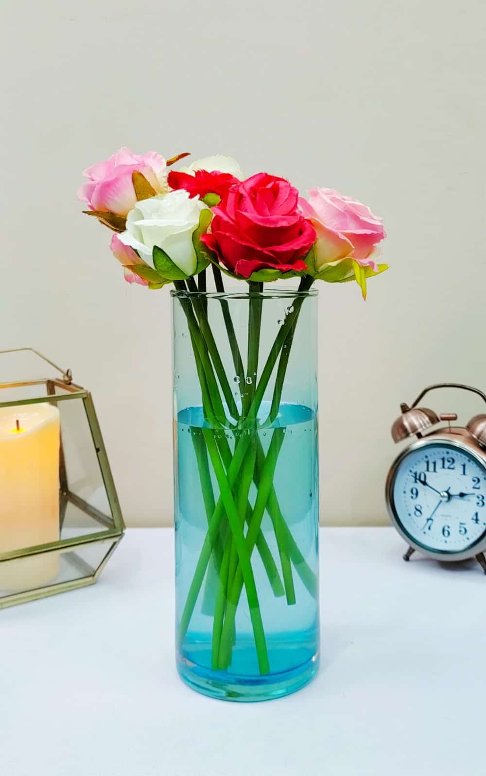 Turquoise Two Tone Cylinder Glass Vases Set of 2 ( 8 inch )