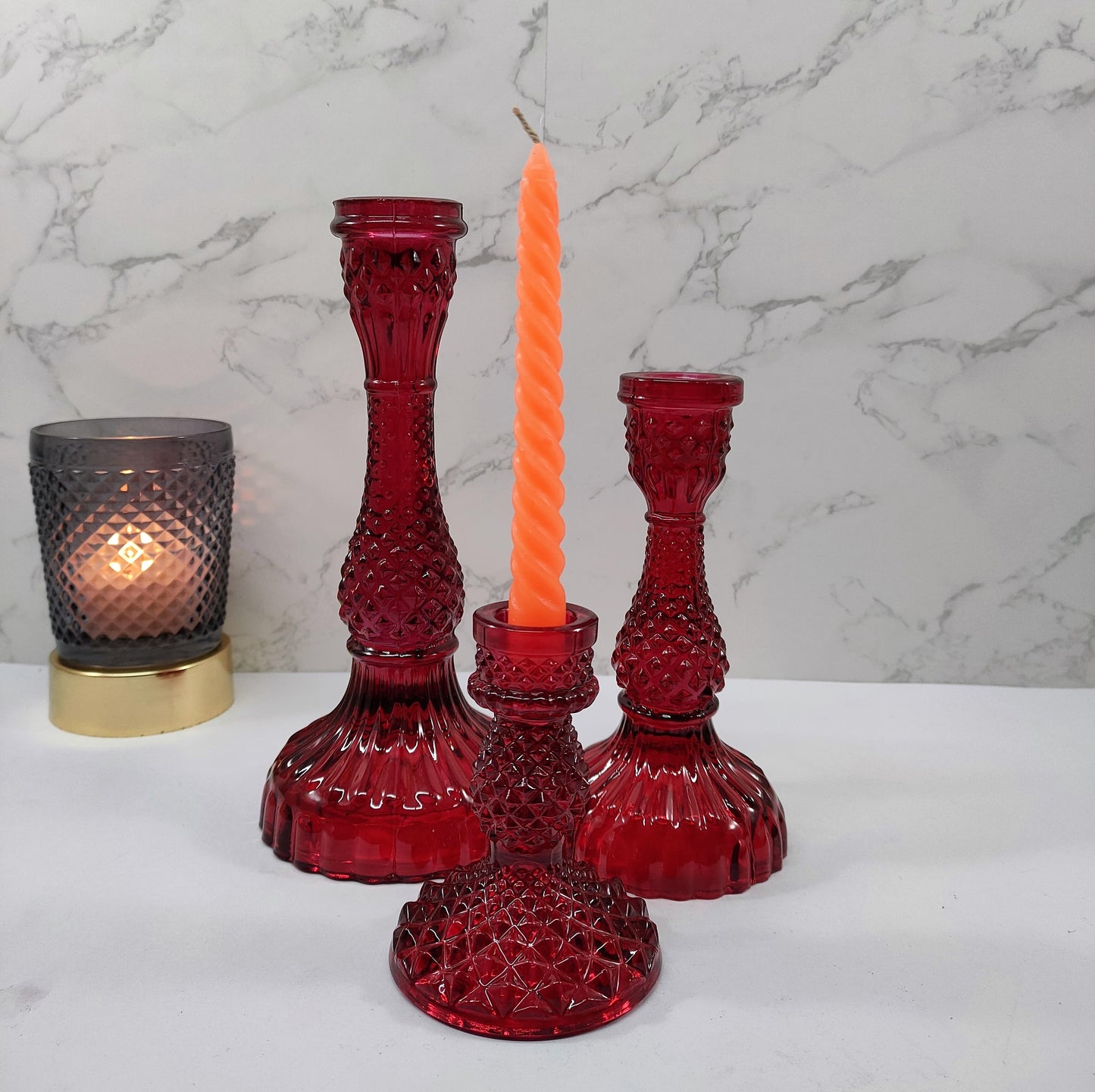 Diamond Glass Pillar Candle Holder Set - Craft Man of India