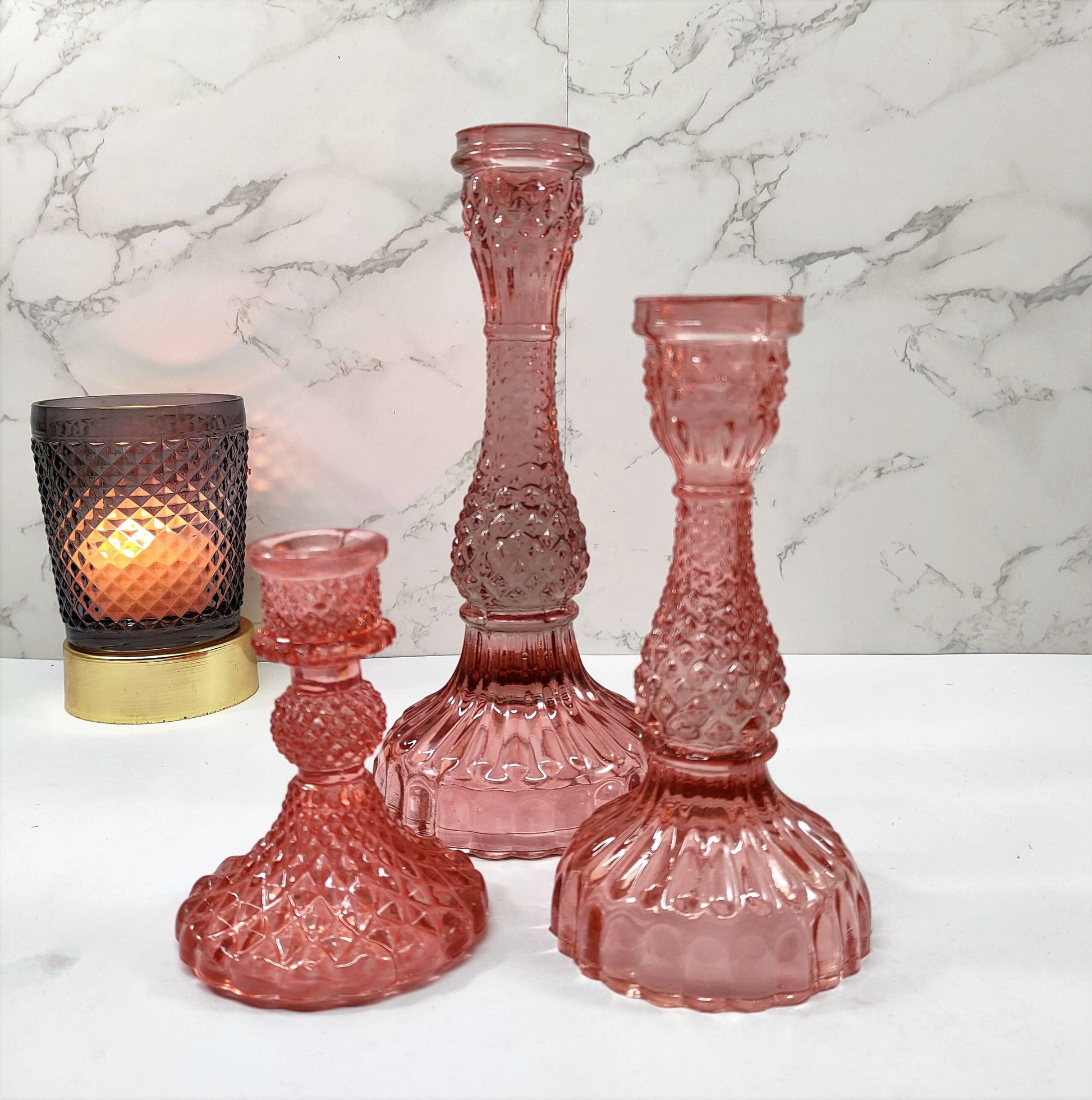 Diamond Glass Pillar Candle Holder Set - Craft Man of India