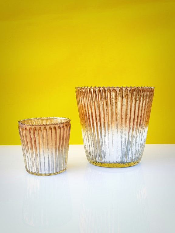 Ribbed Votive Candle Holder Two Tone Tan & Silver